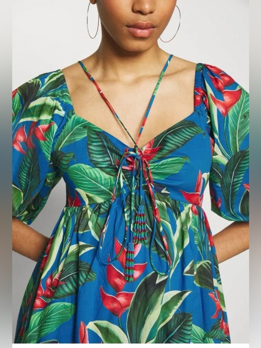 Farm Rio Dream Garden tropical floral puff sleeve tiered cotton Midi Dress XS - Picture 4 of 14